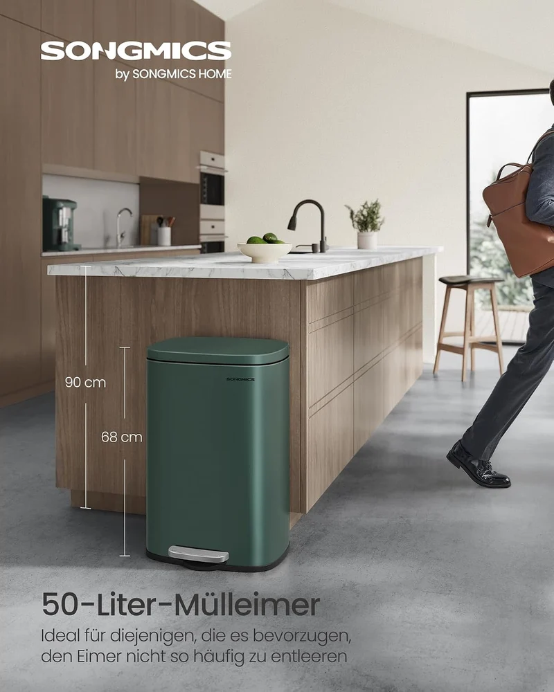 SONGMICS Mülleimer Küche, 50 Liter, Abfalleimer, Treteimer, mit Deckel, Softclose, Fusspedal, Stahl,