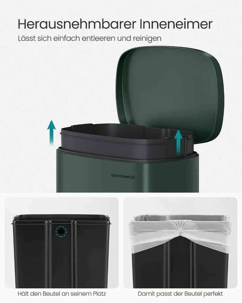 SONGMICS Mülleimer Küche, 50 Liter, Abfalleimer, Treteimer, mit Deckel, Softclose, Fusspedal, Stahl,