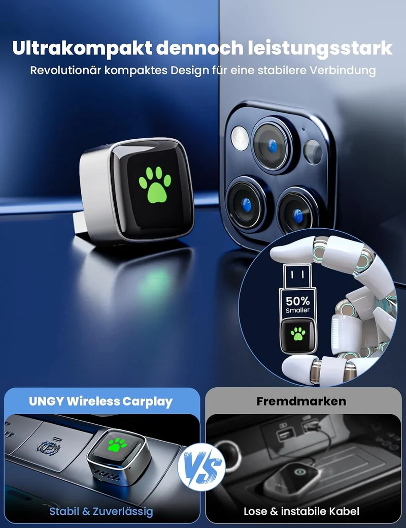 CarPlay Wireless Adapter für Apple 2026 Upgrade, Wired zu Wireless CarPlay, USB & Type-C Dual-Port,