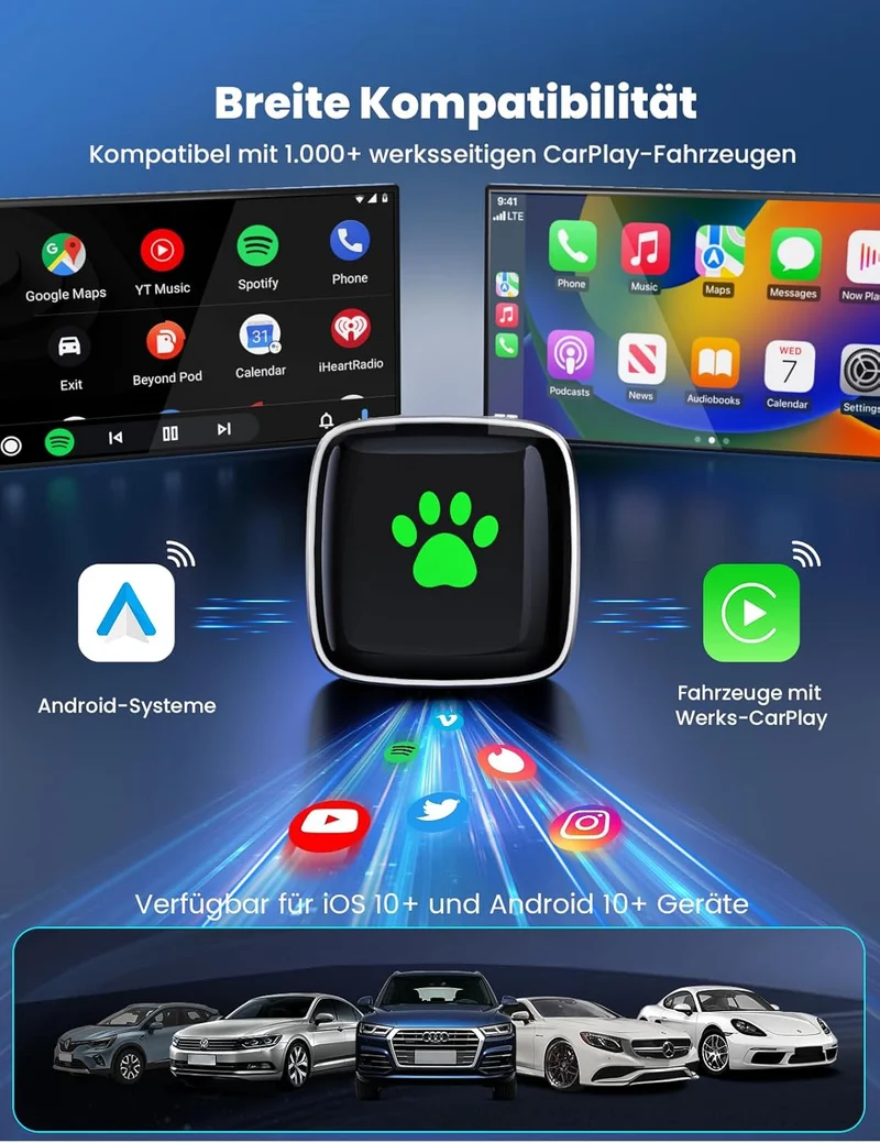 CarPlay Wireless Adapter für Apple 2026 Upgrade, Wired zu Wireless CarPlay, USB & Type-C Dual-Port,