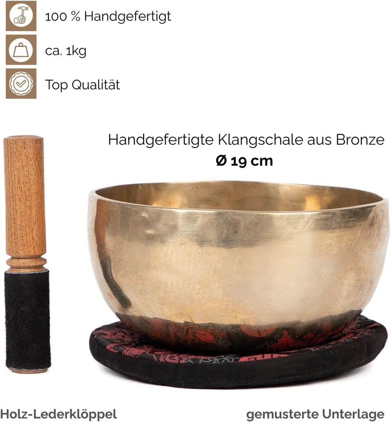 Bodhi Tibetische Klangschale Ø 19 cm | Handgefertigtes Klangschalen Set inkl. Kissen & Klöppel | Sin