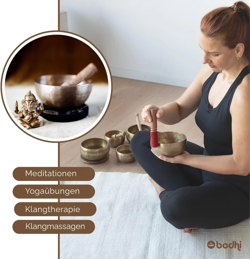 Bodhi Tibetische Klangschale Ø 15 cm | Handgefertigtes Klangschalen Set inkl. Kissen & Klöppel | Sin