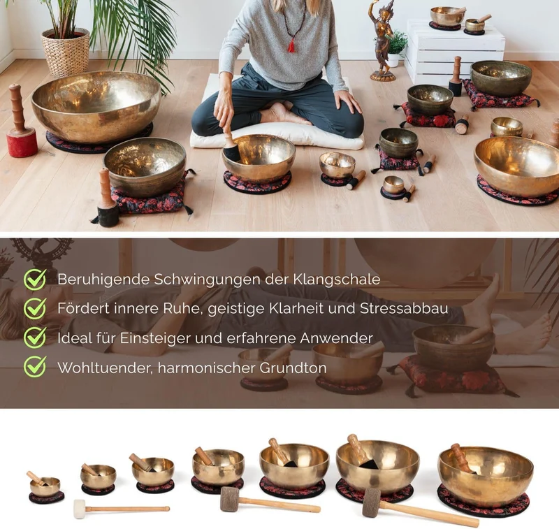 Bodhi Tibetische Klangschale Ø 15 cm | Handgefertigtes Klangschalen Set inkl. Kissen & Klöppel | Sin
