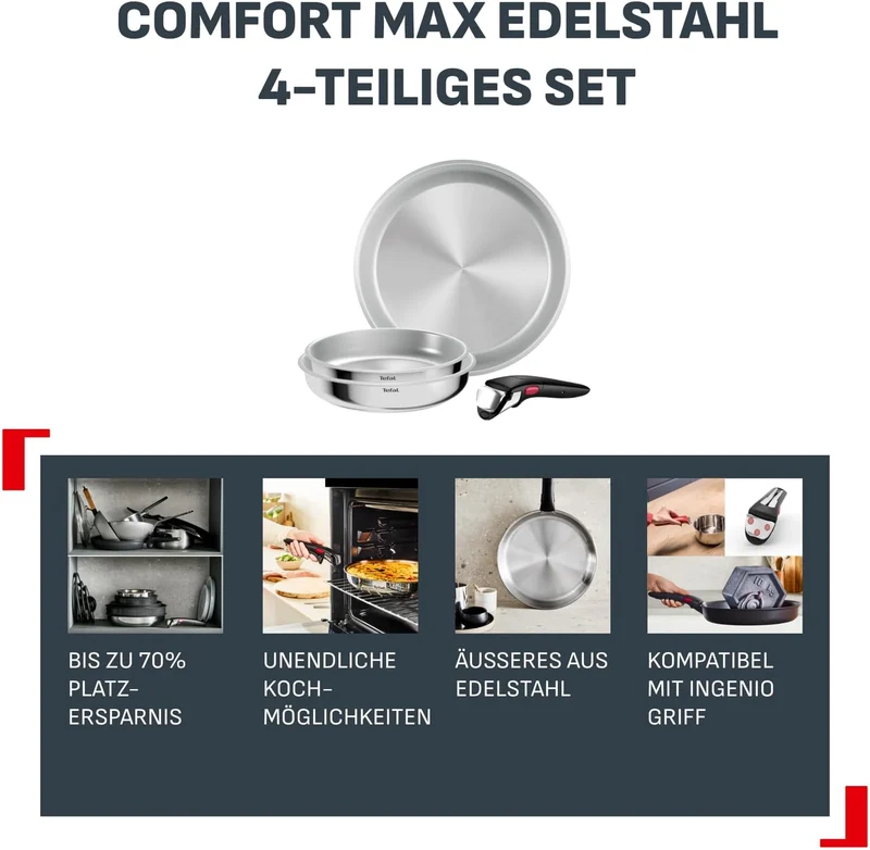 Tefal Ingenio Comfort Max 4-tlg. Pfannen-Set, extrastarker Boden, unversiegelt, platzsparend, Thermo