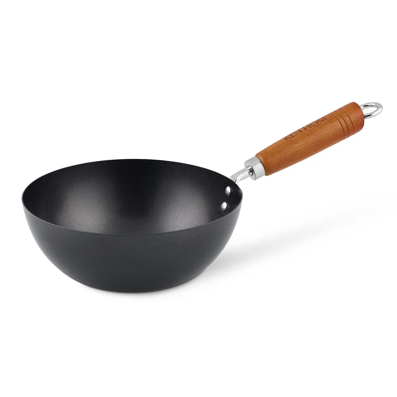 Ken Hom KH320001 Carbonstahl Mini Wok, 20cm, Classic, Nicht-Induktion/Holzgriff/Pfanne mit Flachem B