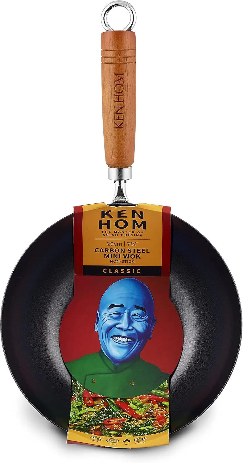 Ken Hom KH320001 Carbonstahl Mini Wok, 20cm, Classic, Nicht-Induktion/Holzgriff/Pfanne mit Flachem B
