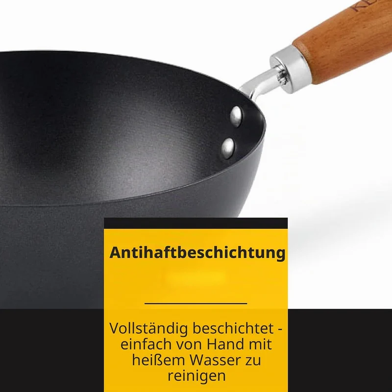 Ken Hom KH320001 Carbonstahl Mini Wok, 20cm, Classic, Nicht-Induktion/Holzgriff/Pfanne mit Flachem B