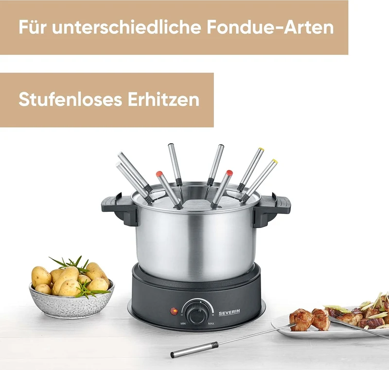 SEVERIN Fondue, spülmaschinengeeignetes Fondueset mit 8 farblich markierten Gabeln, elektrisches Fon