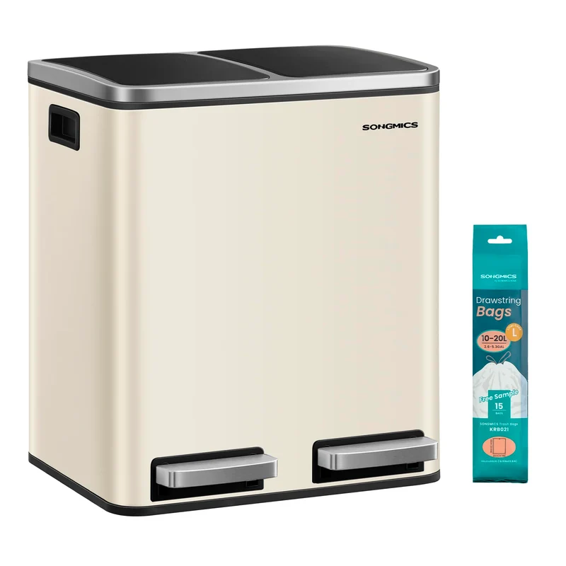 SONGMICS Küchenmülleimer, 2 x 15 l, Doppeleimer für Recycling und Abfall, Treteimer mit zwei Fächern