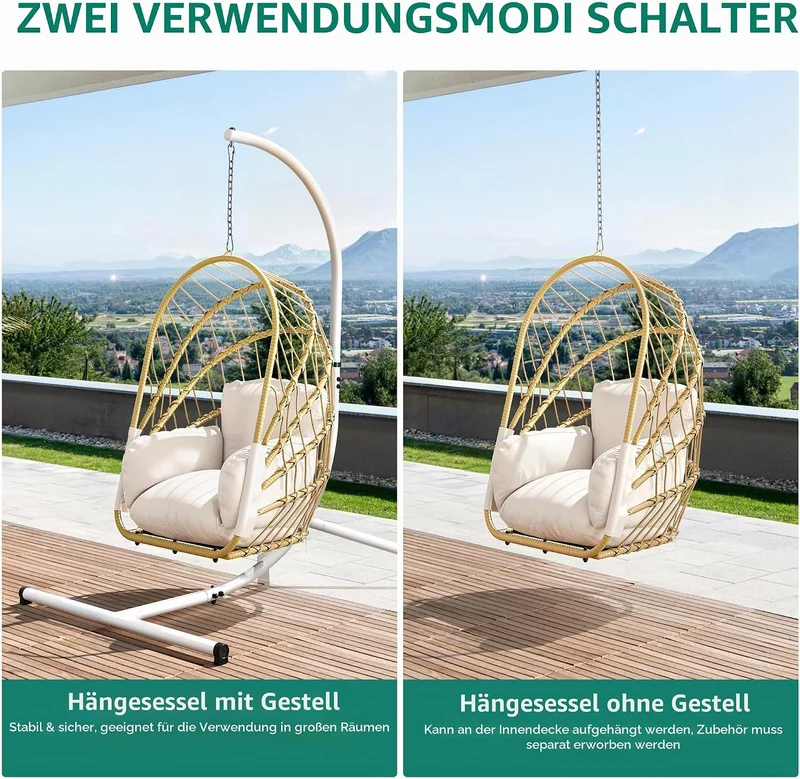 YITAHOME Hängesessel mit Kissen, Max. Belastung 150kg, Hängesessel Outdoor mit Gestell Körbe 195x120