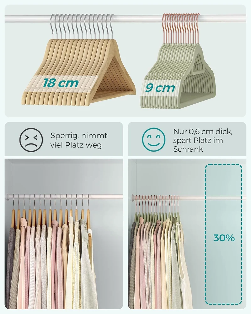 SONGMICS Kleiderbügel Samt, 50er Set, Bügel, rutschfest, kleine Stange für Krawatten, 360° drehbarer