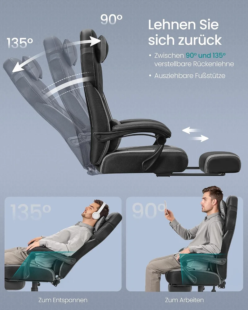 SONGMICS Gaming Stuhl, Bürostuhl mit Fussstütze, Schreibtischstuhl, ergonomisches Design, verstellba