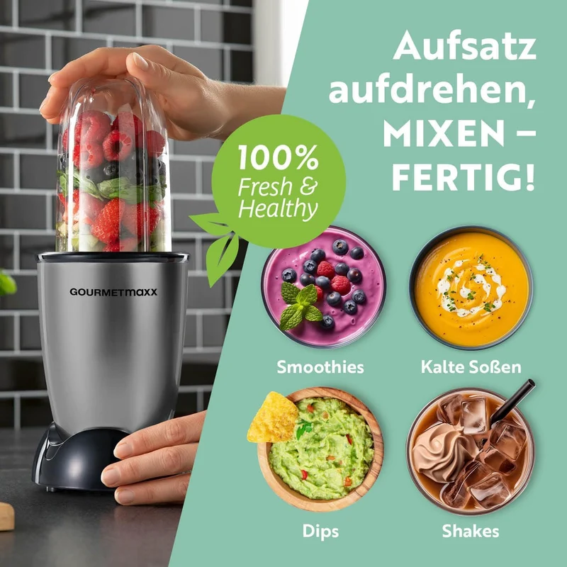 GOURMETmaxx Mr. Magic Power Pro Mixer 400 Watt | Smoothie Maker mit to go Deckel | Standmixer mit Mi