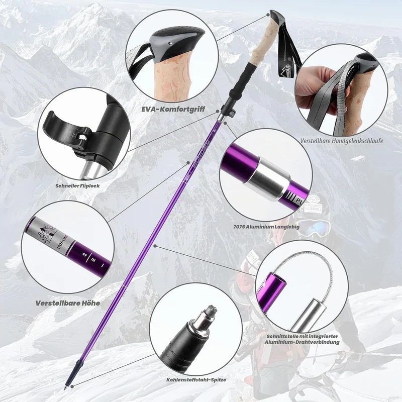 Wanderstöcke Faltbar 105-125 cm 7075 Aluminium, 2 Nordic Walking Stöcke mit Klemmverschluss, 4 Paar