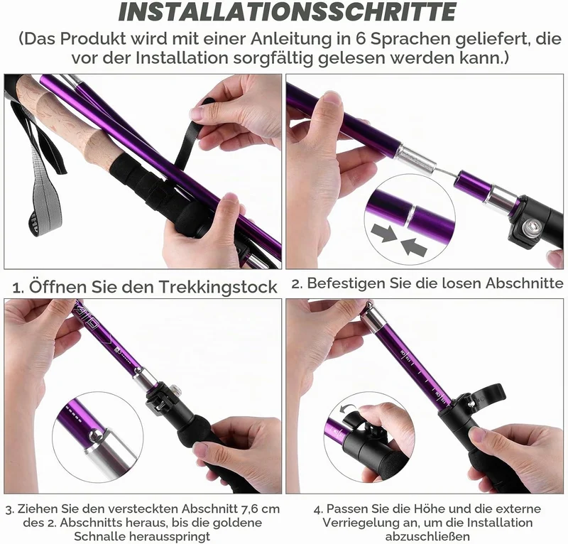 Wanderstöcke Faltbar 105-125 cm 7075 Aluminium, 2 Nordic Walking Stöcke mit Klemmverschluss, 4 Paar