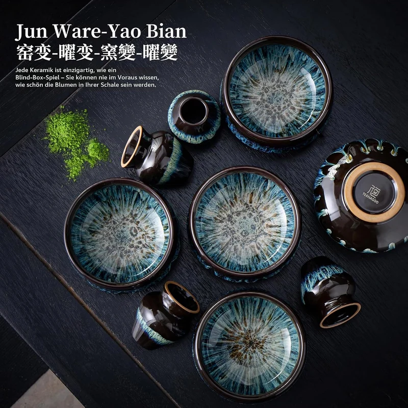 Japanische Matcha-Schale aus Keramik mit Schneebesenhalter, 510 ml. TEANAGOO K14, Blau, Chawan Match