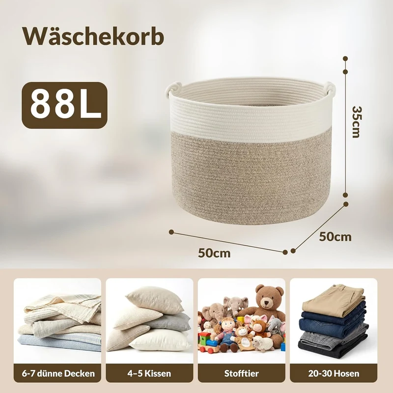 COSYLAND Aufbewahrungskorb Gross für Wohnzimmer, geflochtener Wäschekorb aus Baumwollseil, Wollkorb/