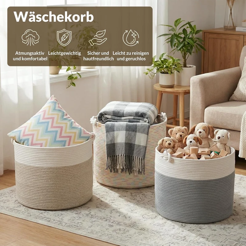 COSYLAND Aufbewahrungskorb Gross für Wohnzimmer, geflochtener Wäschekorb aus Baumwollseil, Wollkorb/