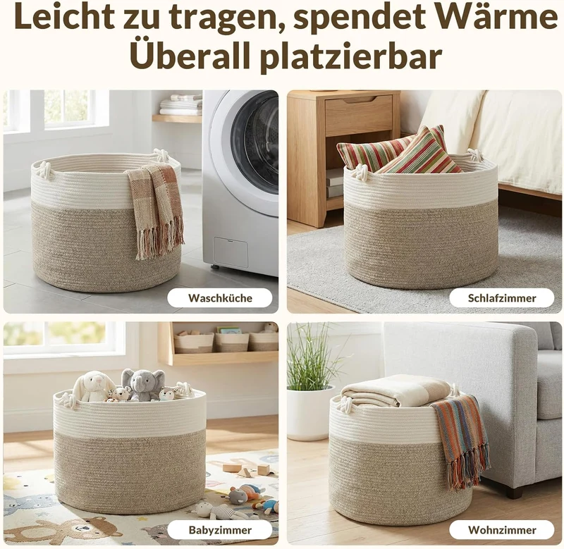 COSYLAND Aufbewahrungskorb Gross für Wohnzimmer, geflochtener Wäschekorb aus Baumwollseil, Wollkorb/
