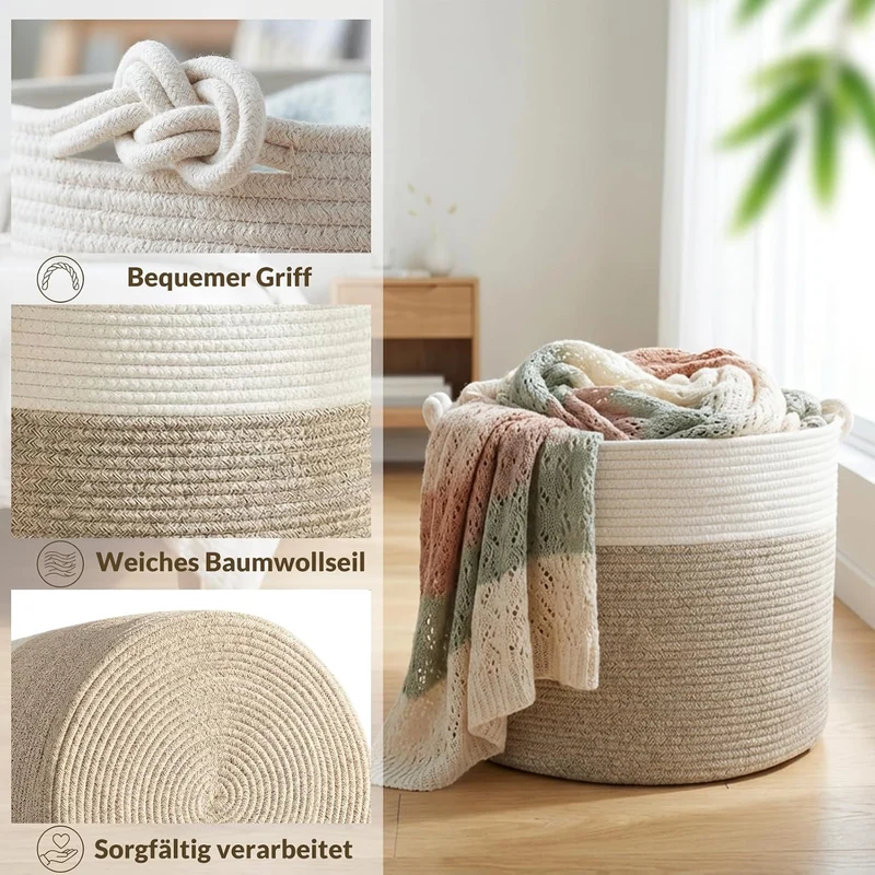 COSYLAND Aufbewahrungskorb Gross für Wohnzimmer, geflochtener Wäschekorb aus Baumwollseil, Wollkorb/