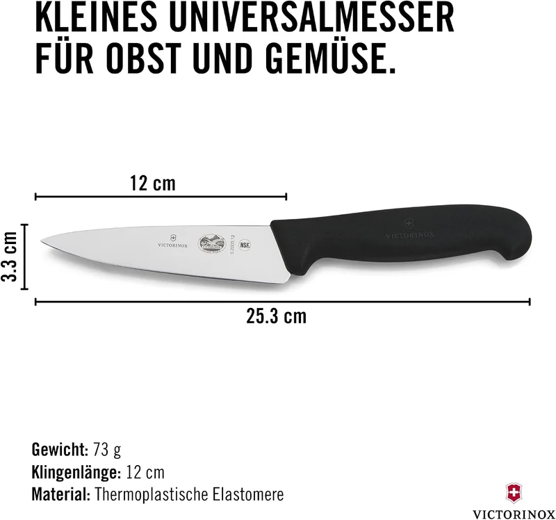 Victorinox Fibrox Kochmesser, Kleines Universalmesser für Obst und Gemüse, 12 cm, Gerade Klinge, Sch