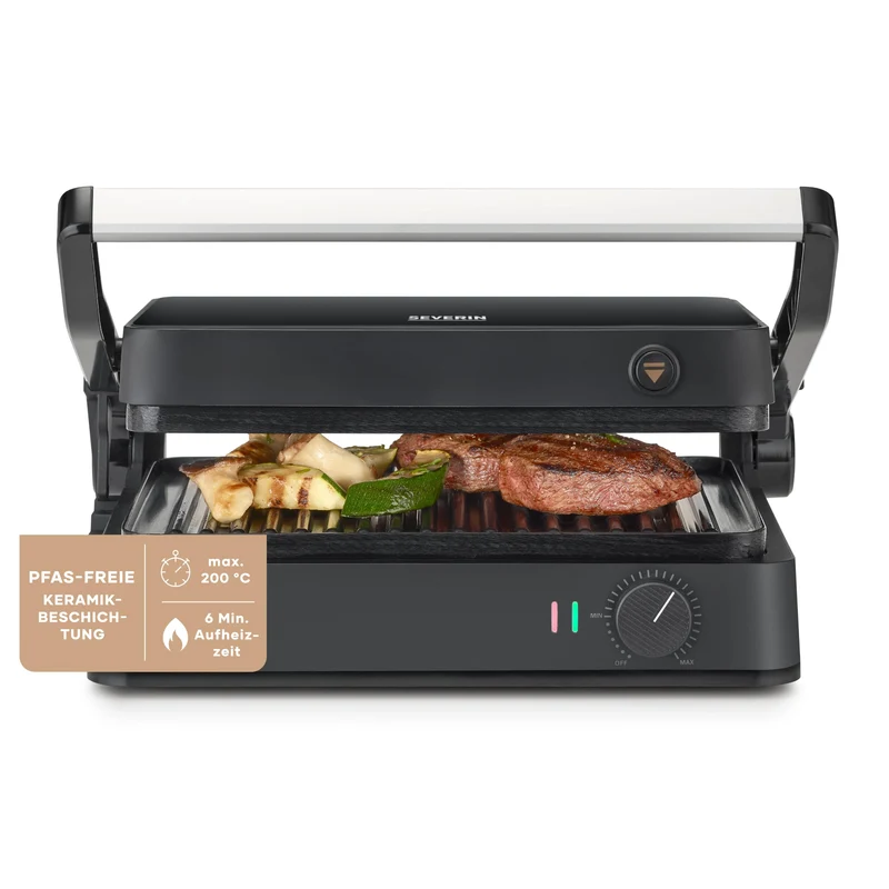 SEVERIN SEVINI Lite, Kontaktgrill für Fleisch, Fisch & Gemüse, Keramikbeschichteter Sandwich-Maker f