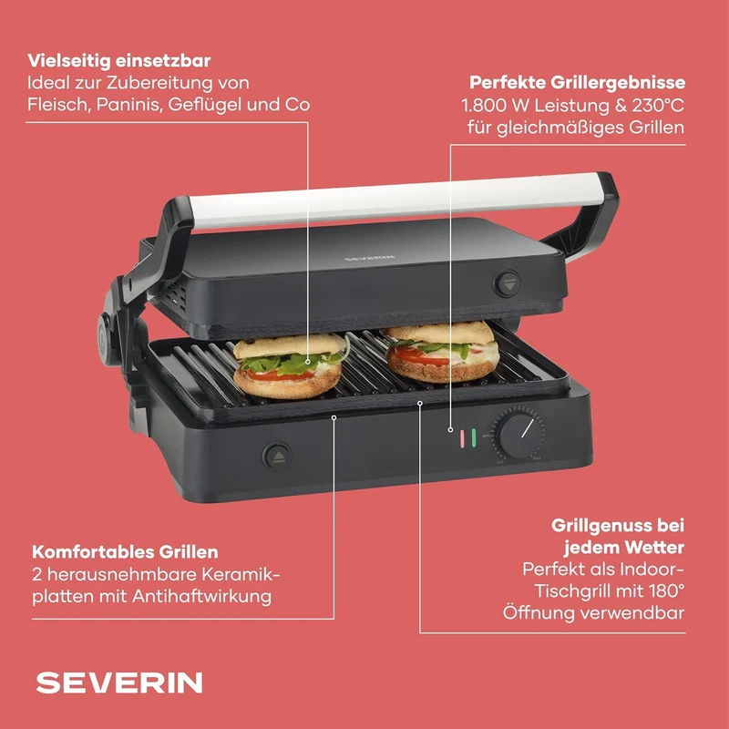 SEVERIN SEVINI Lite, Kontaktgrill für Fleisch, Fisch & Gemüse, Keramikbeschichteter Sandwich-Maker f