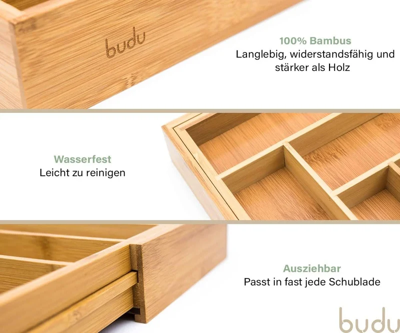 budu Besteckkasten #43 (Tiefe 43cm) aus Bambus - Schubladen Ordnungssystem für die Küche - Besteckka