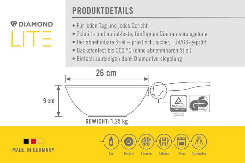 Woll Diamond Lite Wok- und Rührpfanne, Ø 26 cm, 9 cm hoch, mit abnehmbaren Stiel - Geeignet für Cera