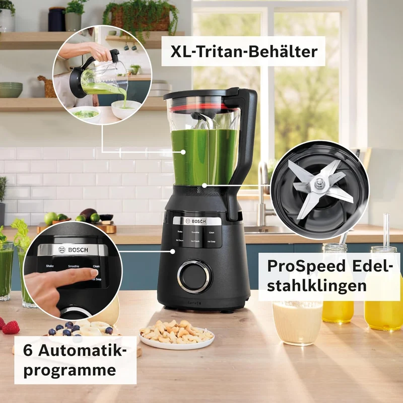 Bosch Hochleistungsmixer, Smoothie Maker, 1800W, VitaPower Serie 6 MMB6652B, 45.000 U-min, Programme