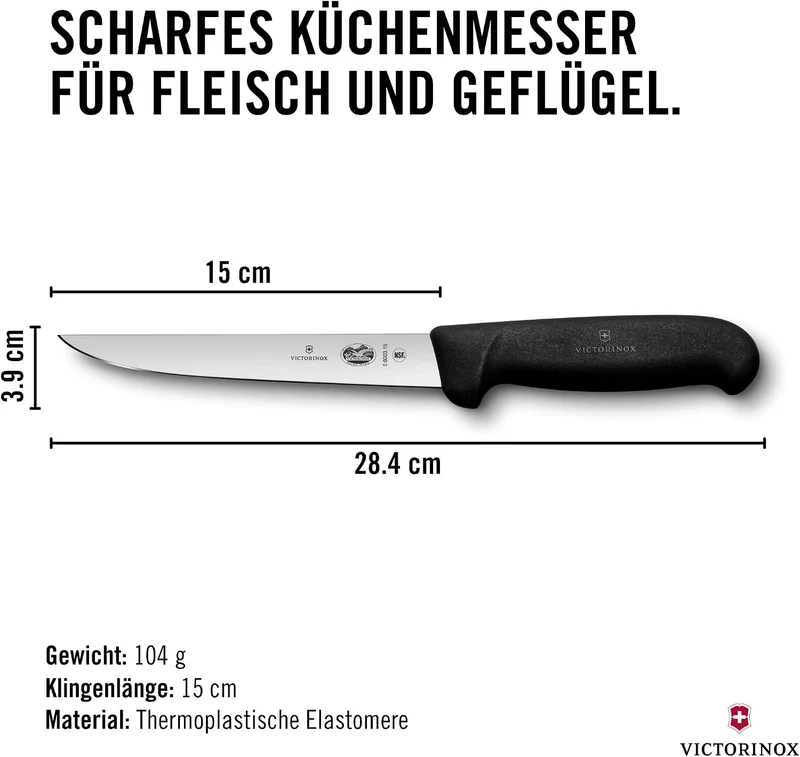 Victorinox Fibrox Ausbeinmesser, Scharfes Küchenmesser für Fleisch und Geflügel, 15 cm, Gerade Kling