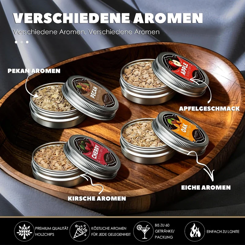 Whisky Räucher Set komplett mit Brenner und Holz-4 Geschmacksrichtungen, Cocktail Räucher Set mit Fl