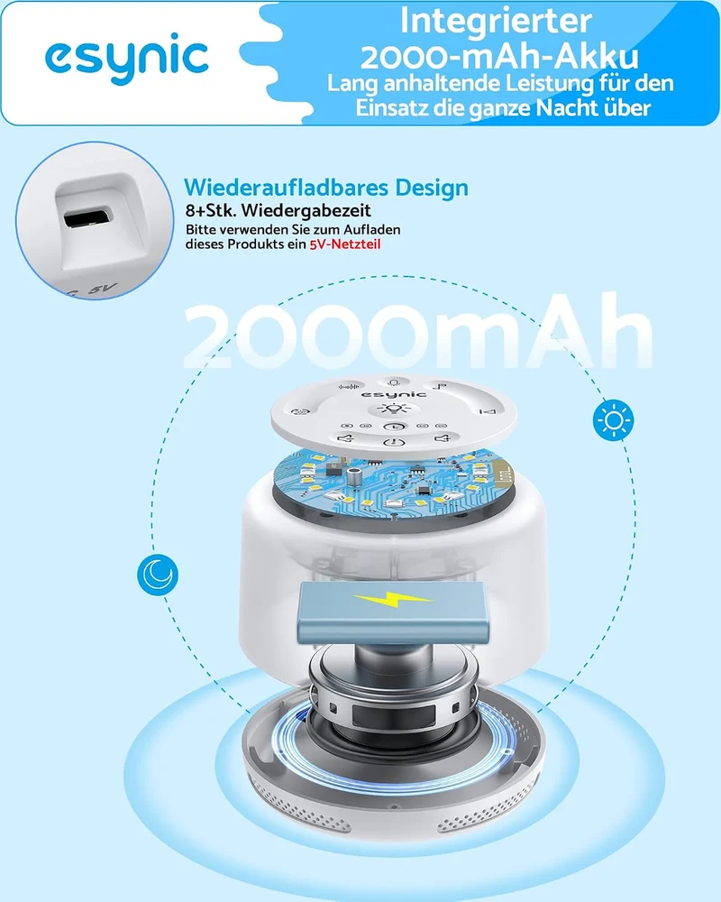 eSynic White Noise Machine Baby Einschlafhilfe 20 Weissem Rauschen Weiss, Weiss