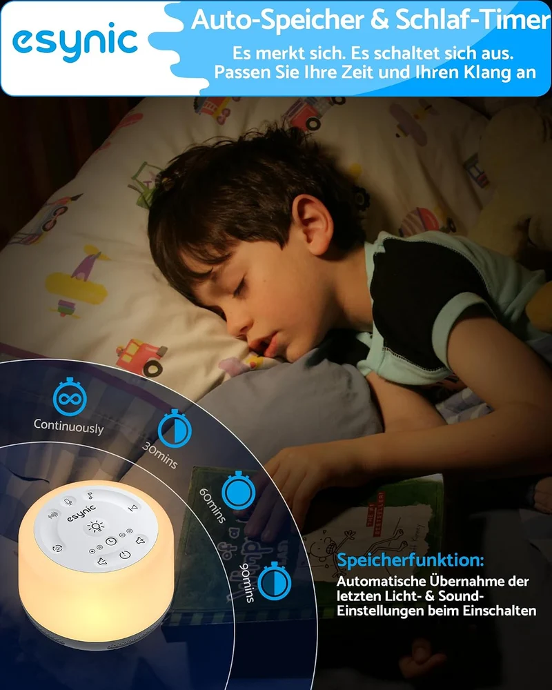 eSynic White Noise Machine Baby Einschlafhilfe 20 Weissem Rauschen Weiss, Weiss