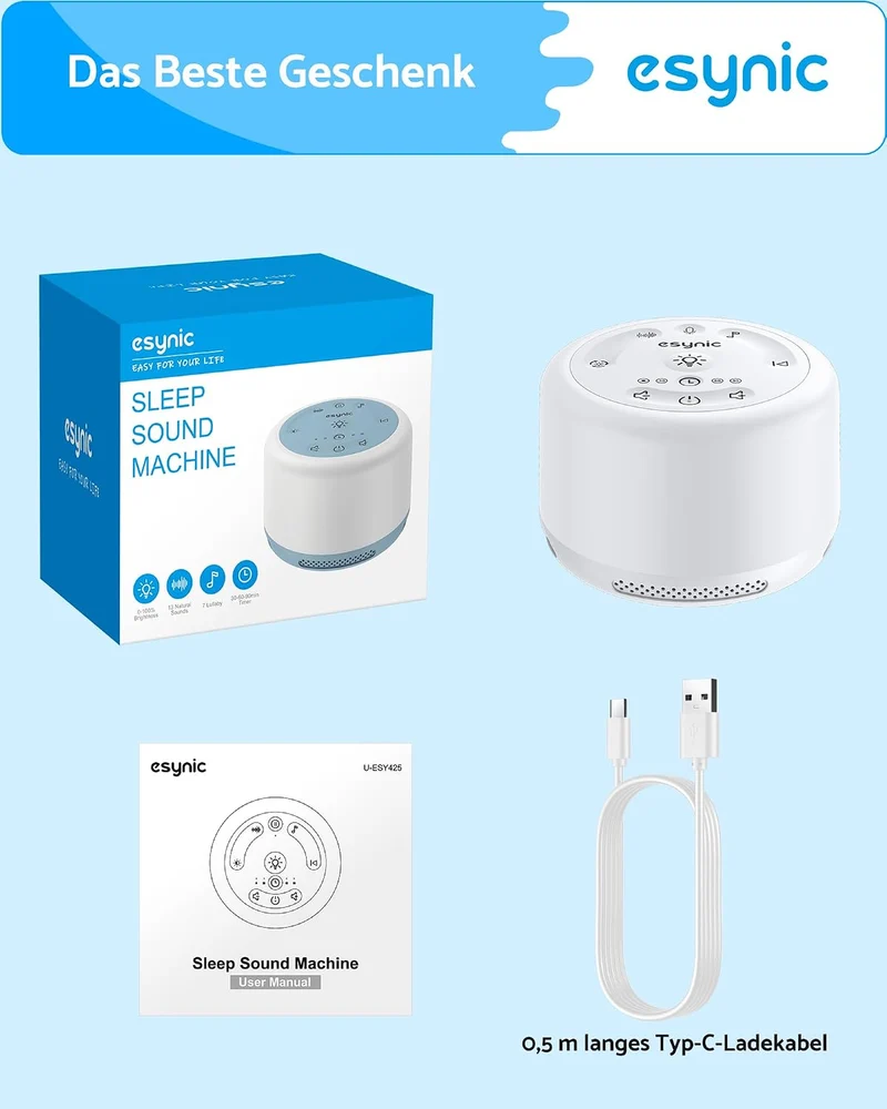 eSynic White Noise Machine Baby Einschlafhilfe 20 Weissem Rauschen Weiss, Weiss