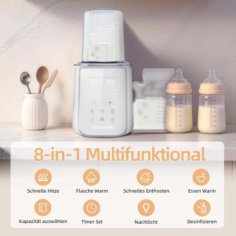 Babyflaschenwärmer 8-in-1 mit Temp-Anzeige, Nachtlicht & 24h Warmhaltung Winterweiss, Winterweiss