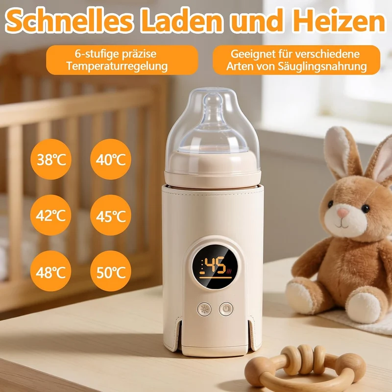 Flaschenwärmer Baby Unterwegs, Tragbarer Flaschenwärmer Akku mit LCD-Display,USB-Aufladung, 6 Einste