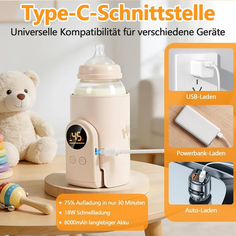 Flaschenwärmer Baby Unterwegs, Tragbarer Flaschenwärmer Akku mit LCD-Display,USB-Aufladung, 6 Einste