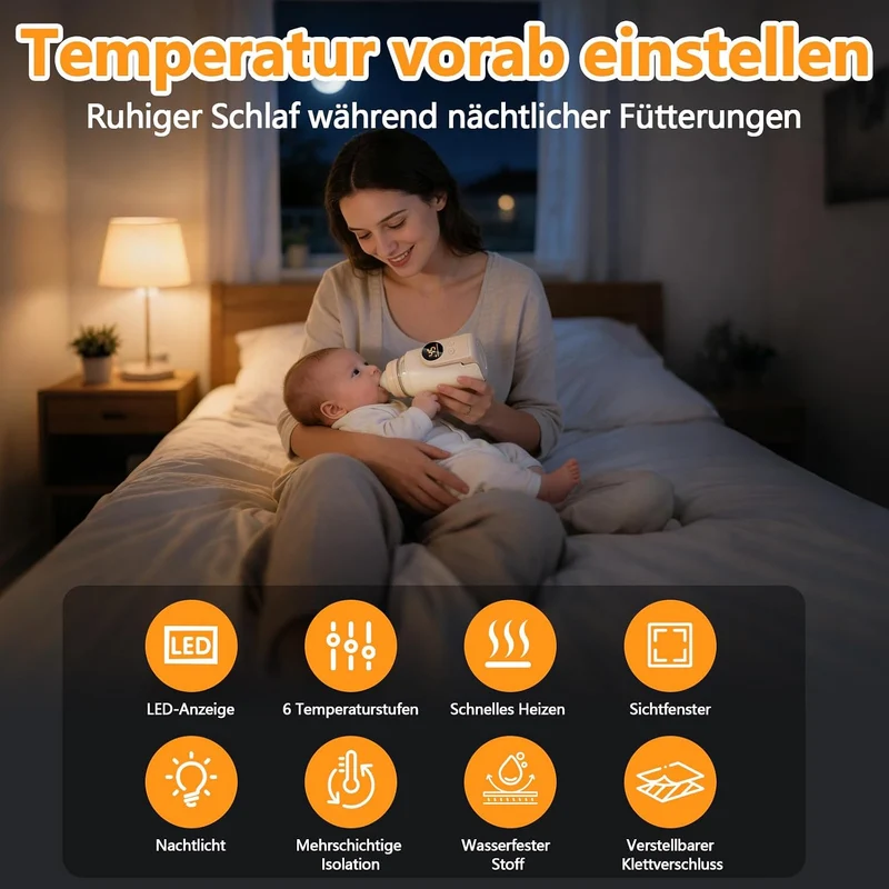 Flaschenwärmer Baby Unterwegs, Tragbarer Flaschenwärmer Akku mit LCD-Display,USB-Aufladung, 6 Einste