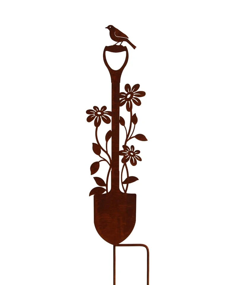 Bornhöft Gartenstecker Spaten Schaufel mit Blumen und Vogel Metall Gartendeko Rost Edelrost rostiger
