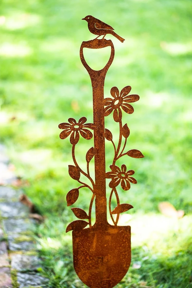 Bornhöft Gartenstecker Spaten Schaufel mit Blumen und Vogel Metall Gartendeko Rost Edelrost rostiger