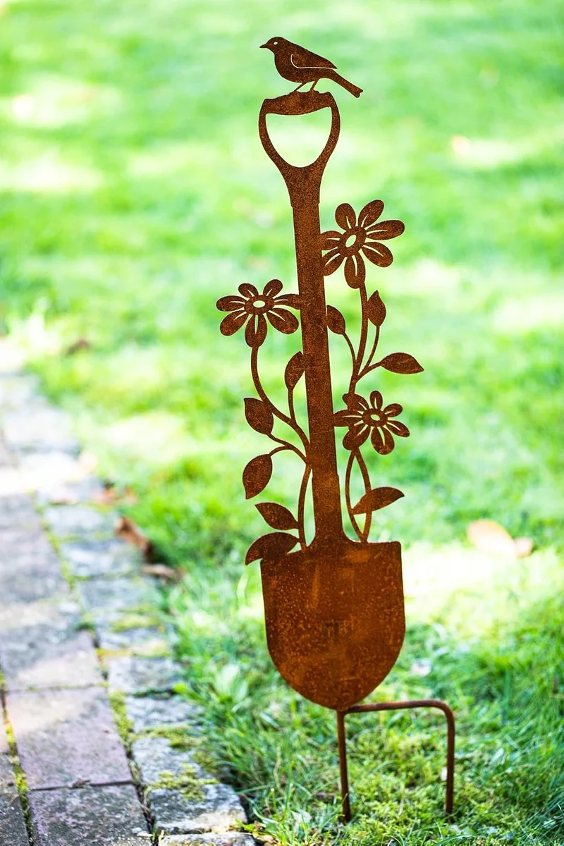 Bornhöft Gartenstecker Spaten Schaufel mit Blumen und Vogel Metall Gartendeko Rost Edelrost rostiger