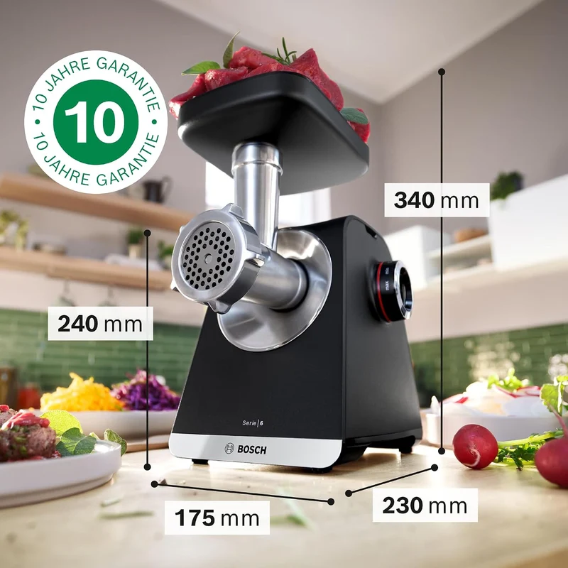 Bosch MultiPower Serie 6 Fleischwolf MFWS660B, 3 Lochscheiben (3, 4,5 und 8 mm), Edelstahl, spülmasc
