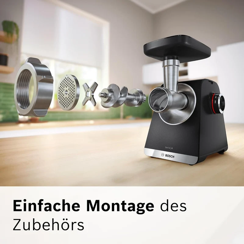 Bosch MultiPower Serie 6 Fleischwolf MFWS660B, 3 Lochscheiben (3, 4,5 und 8 mm), Edelstahl, spülmasc
