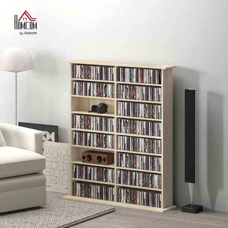 HOMCOM 720 CD/396 DVD-Schrank, 12 verstellbare Regale, Naturholz Naturholz 106,5 x 24 x 126,3 cm, Na