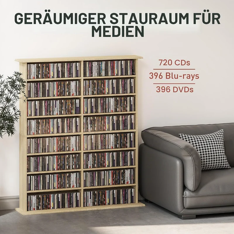 HOMCOM 720 CD/396 DVD-Schrank, 12 verstellbare Regale, Naturholz Naturholz 106,5 x 24 x 126,3 cm, Na