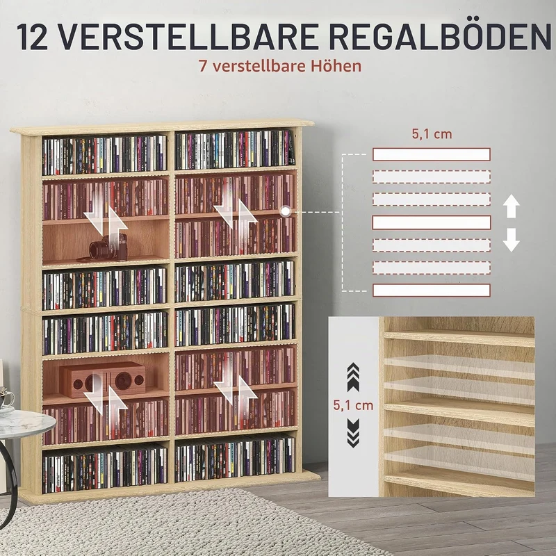 HOMCOM 720 CD/396 DVD-Schrank, 12 verstellbare Regale, Naturholz Naturholz 106,5 x 24 x 126,3 cm, Na