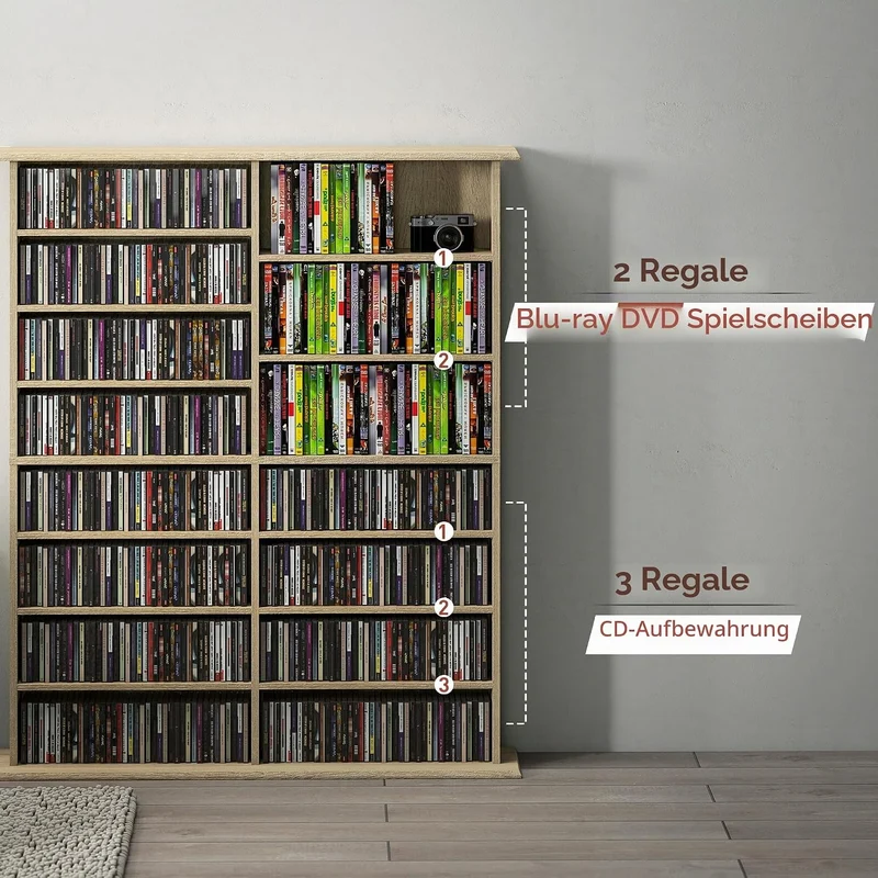 HOMCOM 720 CD/396 DVD-Schrank, 12 verstellbare Regale, Naturholz Naturholz 106,5 x 24 x 126,3 cm, Na