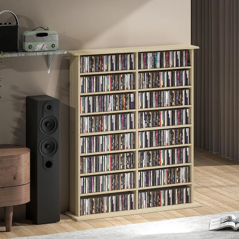HOMCOM 720 CD/396 DVD-Schrank, 12 verstellbare Regale, Naturholz Naturholz 106,5 x 24 x 126,3 cm, Na