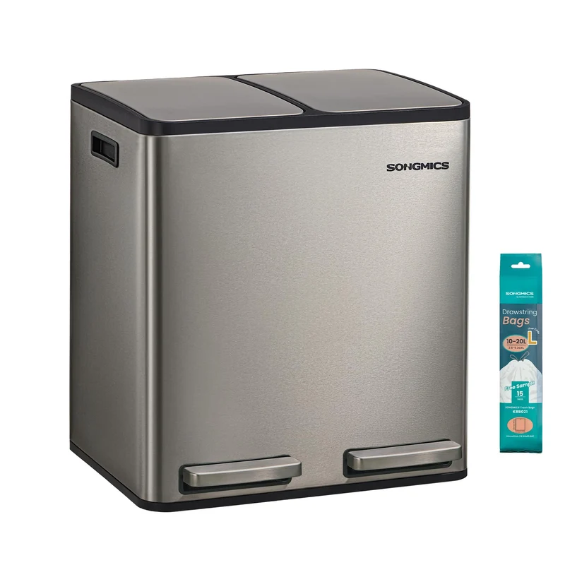 SONGMICS Mülleimer Küche, 2 x 15 L, Mülltrennsystem 2 Fächer, Abfalleimer mit 15 Müllbeuteln, Tretmü